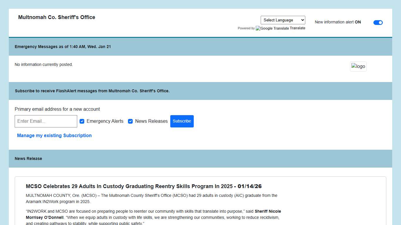 Multnomah Co. Sheriff's Office News via Flashalert.net